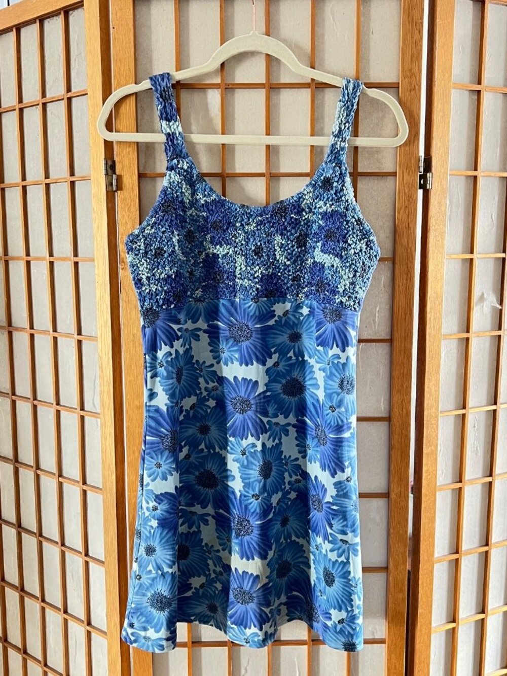 Vintage 90s Y2K Up Front Popcorn Smocked Daisy Floral Mini Dress Blue Large